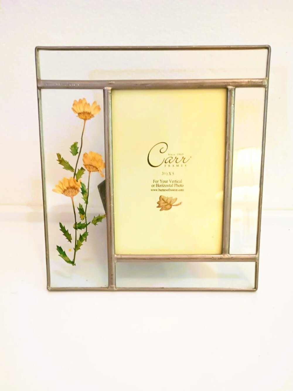 Carr Pressed Flower Photo Frame 3.5" x 5" Lead & Clear Glass Yellow Dried Flower